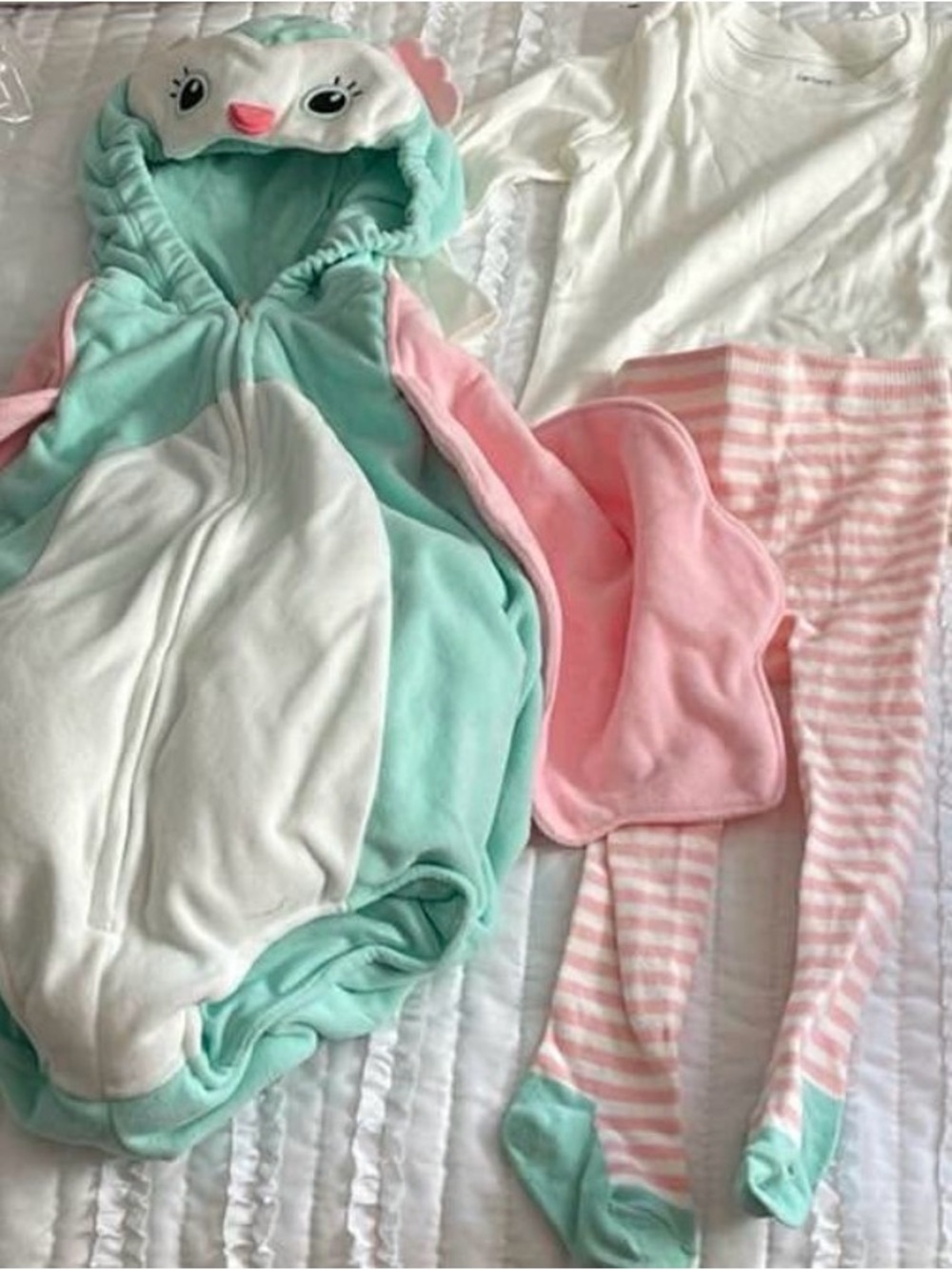 Mint & Pink Owl Hooded One-Piece Set for Kids